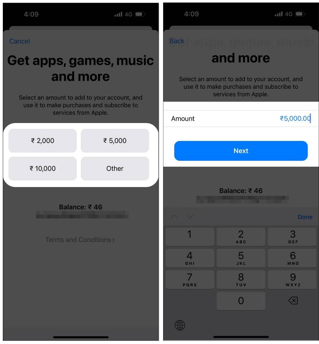 Tap on Other and Add Funds, and Tap on Next on iPhone