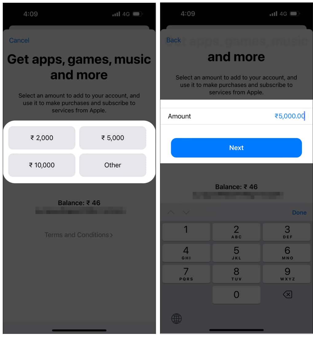 Tap on Other and Add Funds, and Tap on Next on iPhone