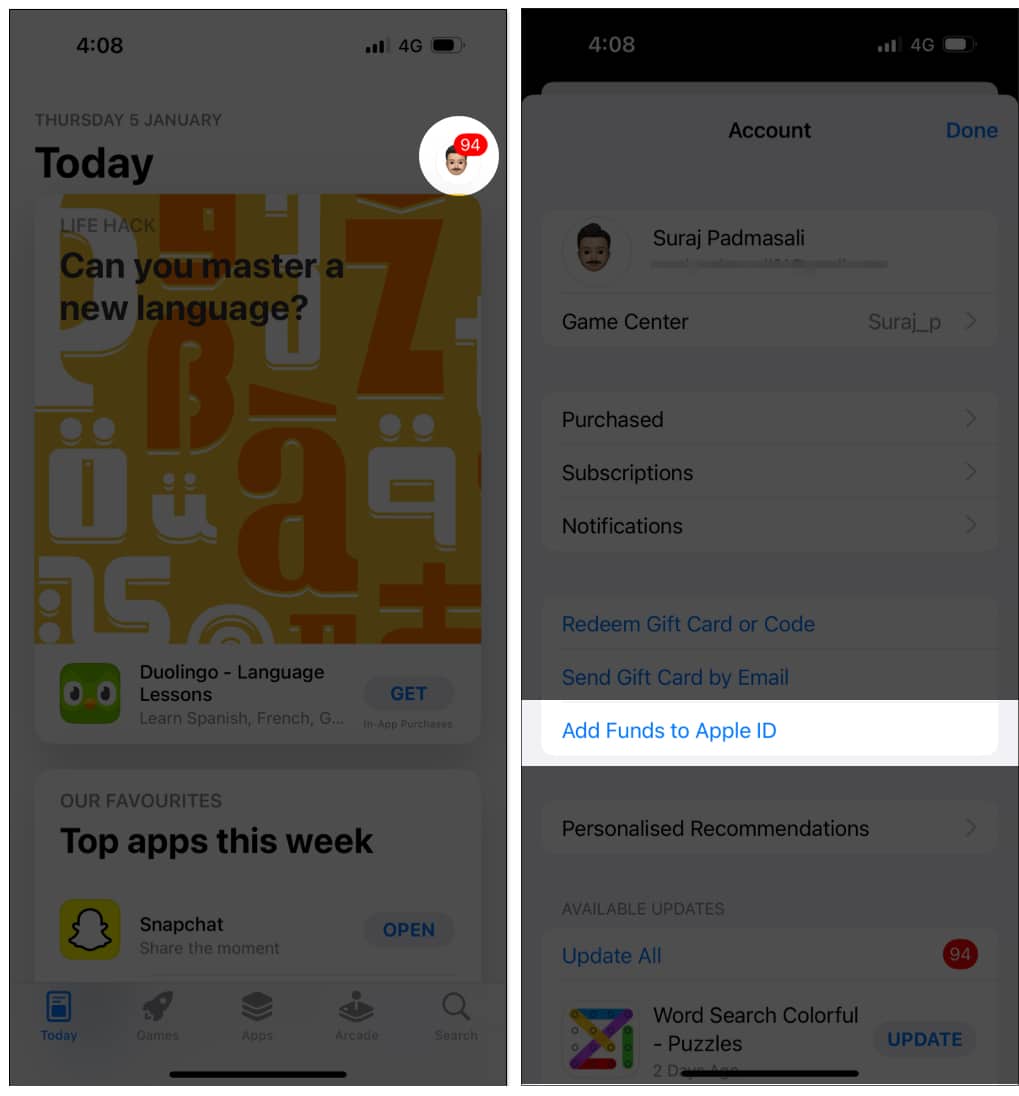Tap on Profile and Add Funds to Apple ID in App Store on iPhone