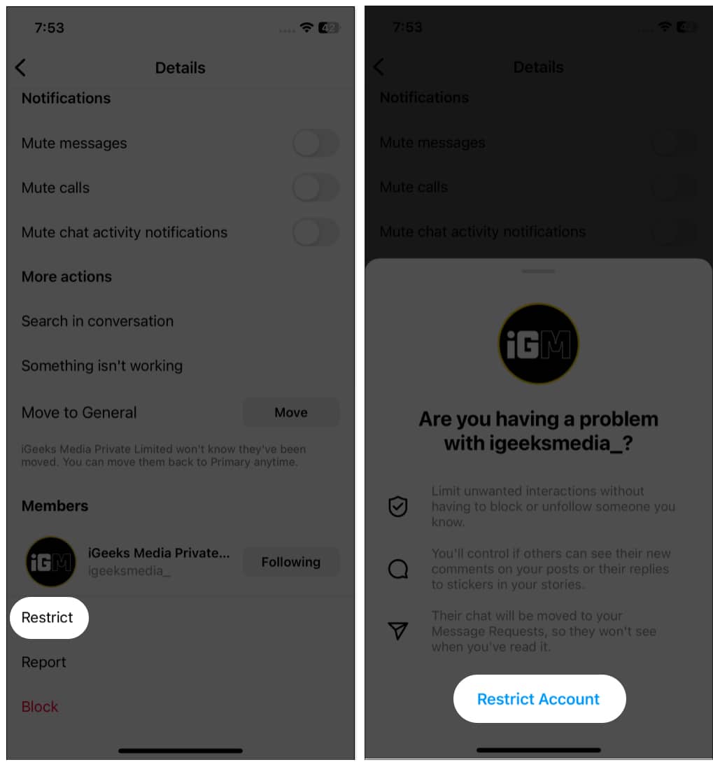 Tap on Restrict and Restrict Account in Instagram on iPhone