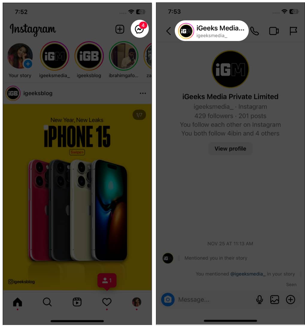 Tap on messenger icon and Instagram Profile on iPhone