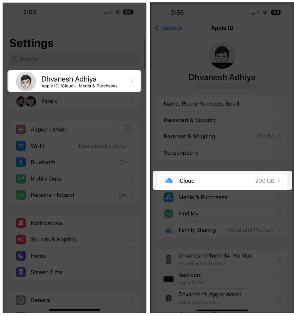 Tap your apple id name select icloud