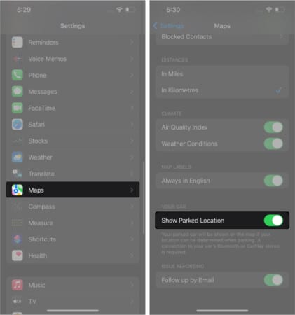Toggle Show Parked Location on in Apple Maps on iPhone