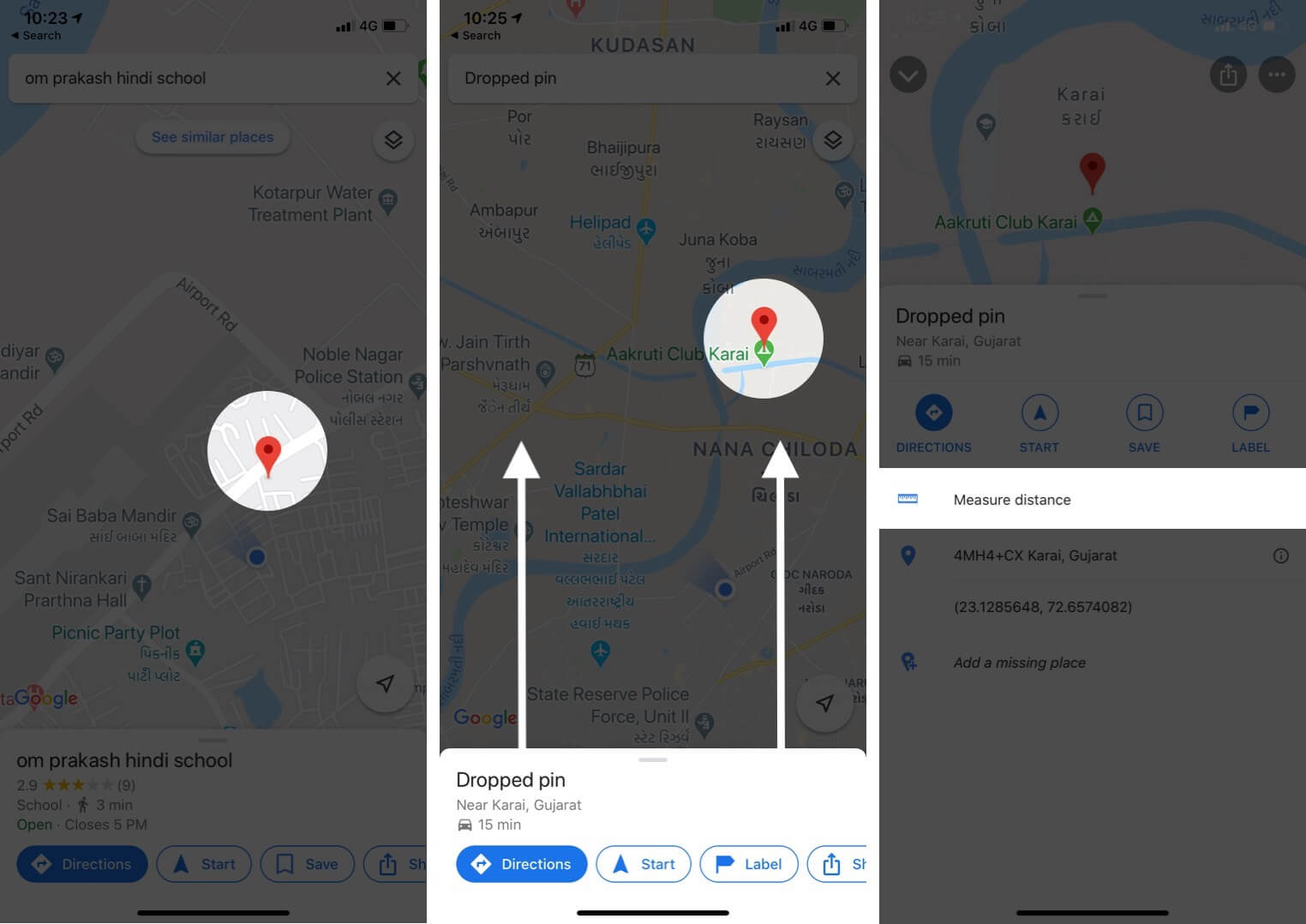 Touch and hold on first place, swipe up and tap on Measure distance in iOS Google Maps App