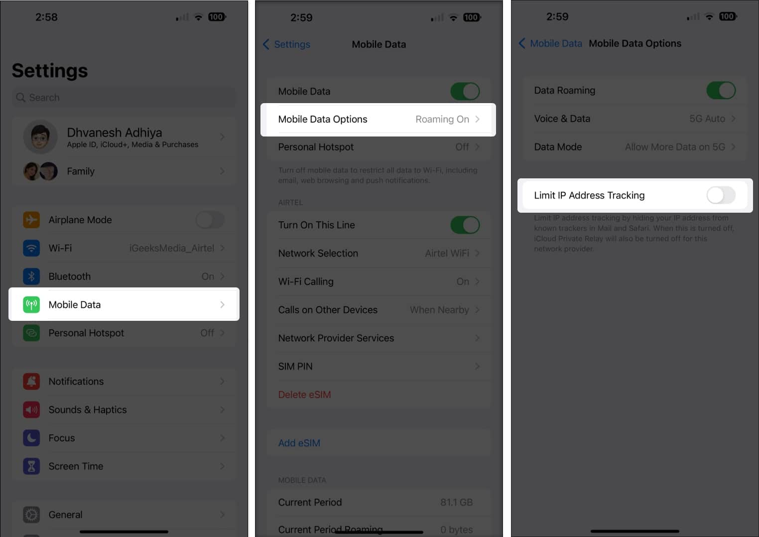 Turn off Private Relay using Cellular Data, Select Mobile Data, tap Data Option, Toggle off ip address