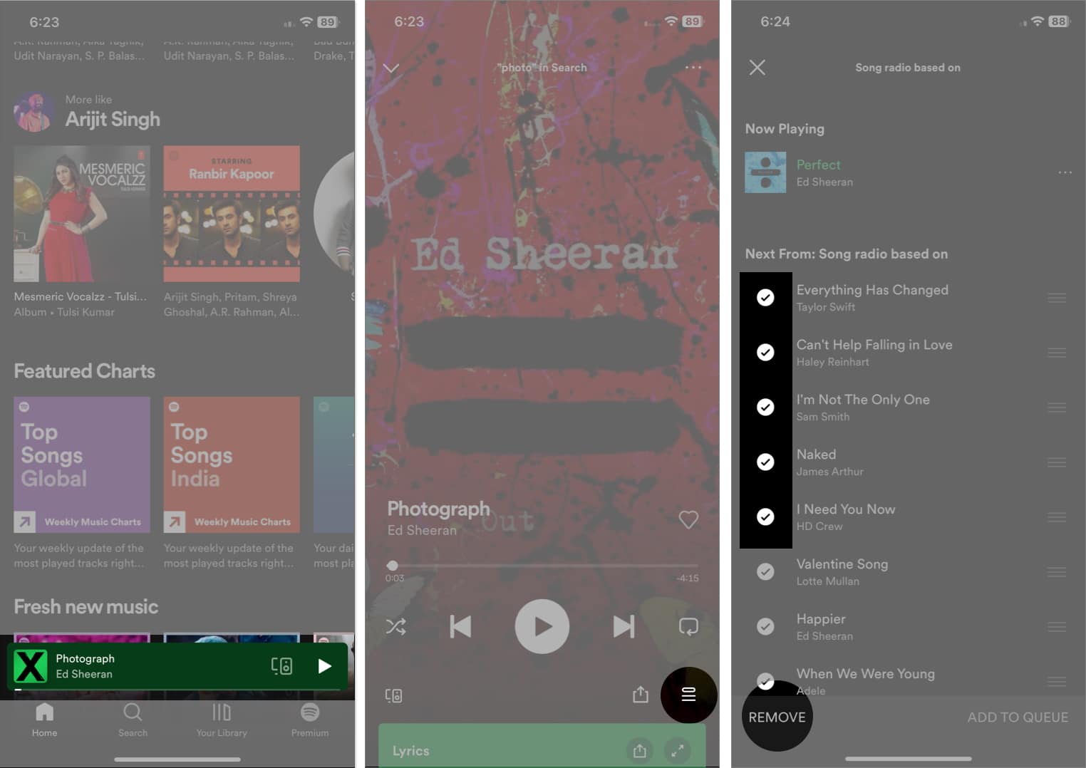 Zeneszámok törlése a lejátszási sorból az iPhone készülék Spotify-soráról