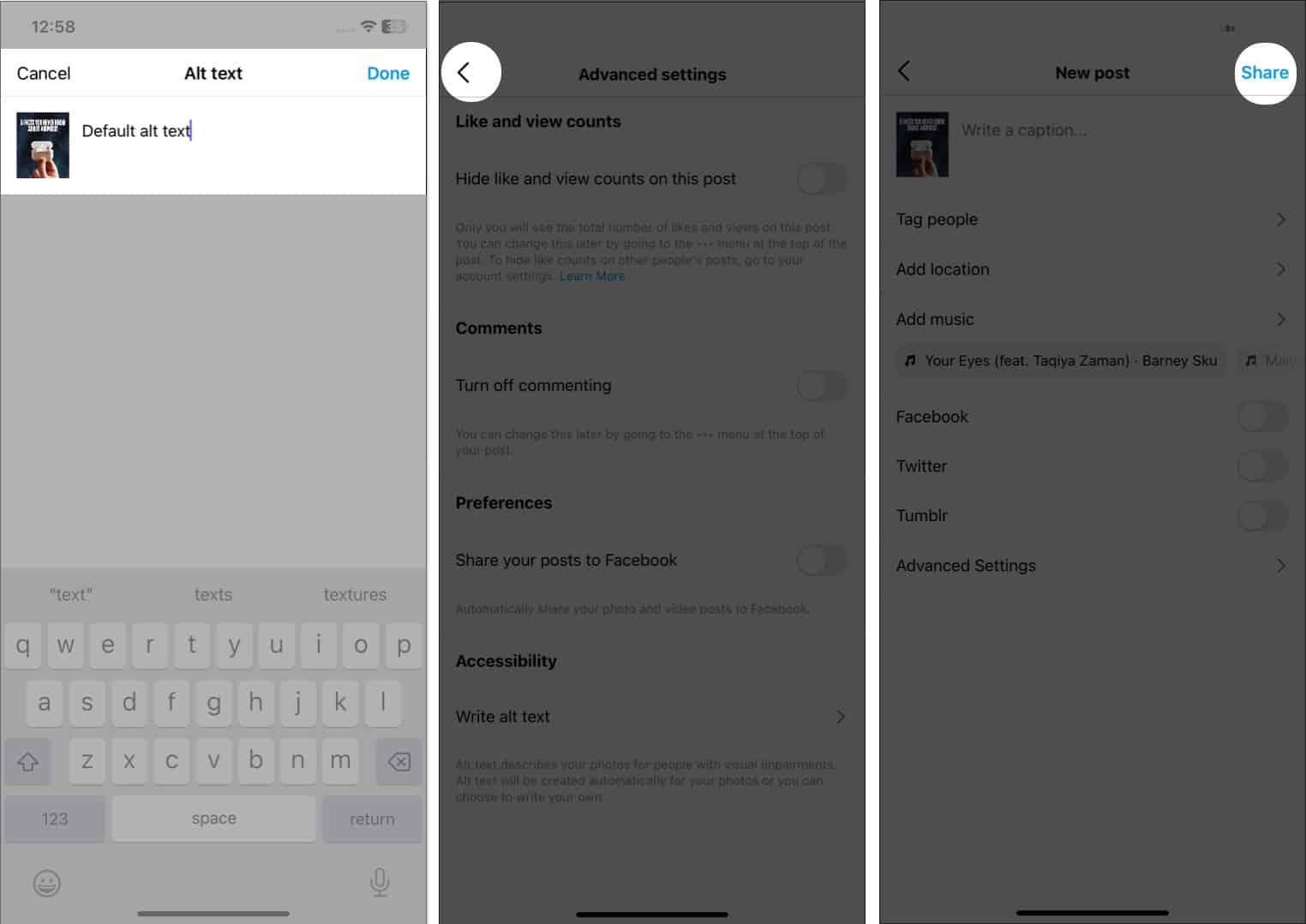 Write alt text tap back arrow post is ready to share