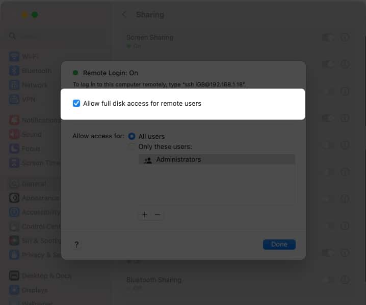 macOS Monterey nebo starší, zaškrtněte políčko Povolit vzdáleným uživatelům přístup k úplnému disku