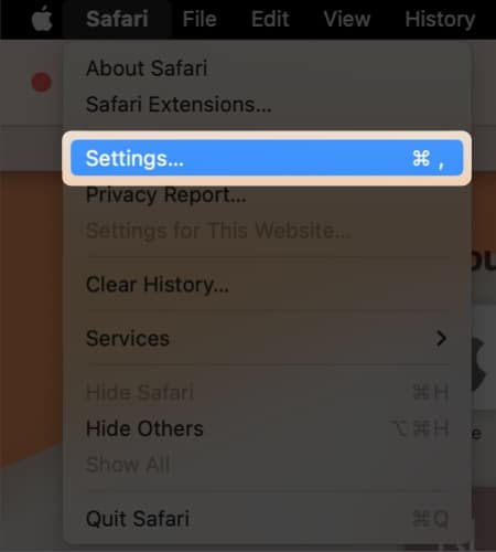 menu bar, click Safari, Select Settings on Mac