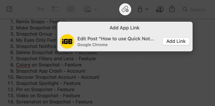 Add links on Quick Notes