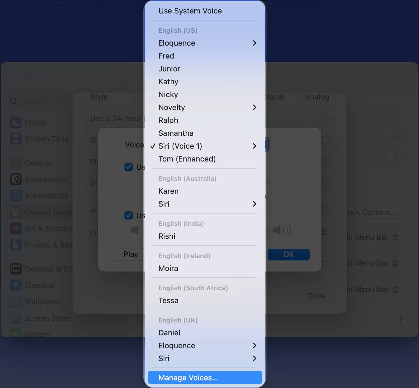 Válassza a Hangok kezelése lehetőséget a macOS Venturában