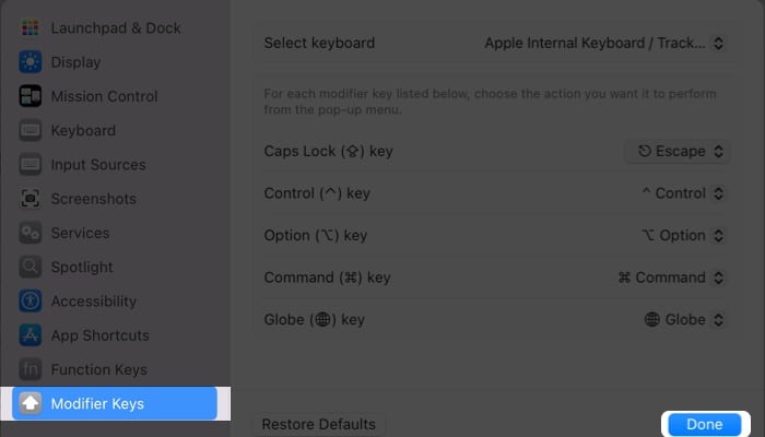 Válassza a Modifier Keys lehetőséget, és nyomja meg a Kész gombot
