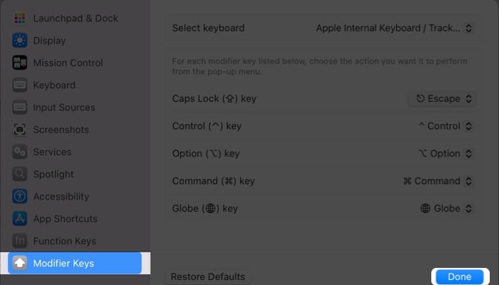 Choose Modifier Keys, and hit Done