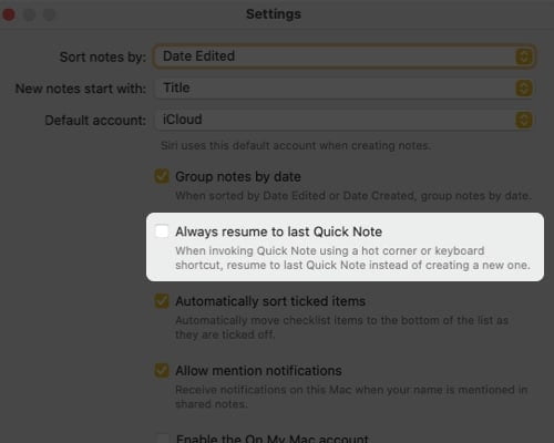 Choose Settings, De-select Always resume to last Quick Note