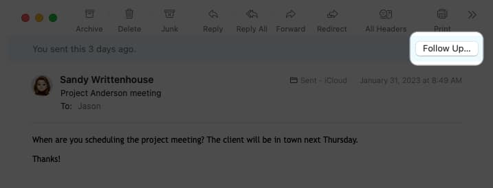 Click Follow Up in Mail App on Mac