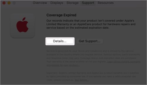 Click the Details button, Apple ID to check the status of your device's warranty