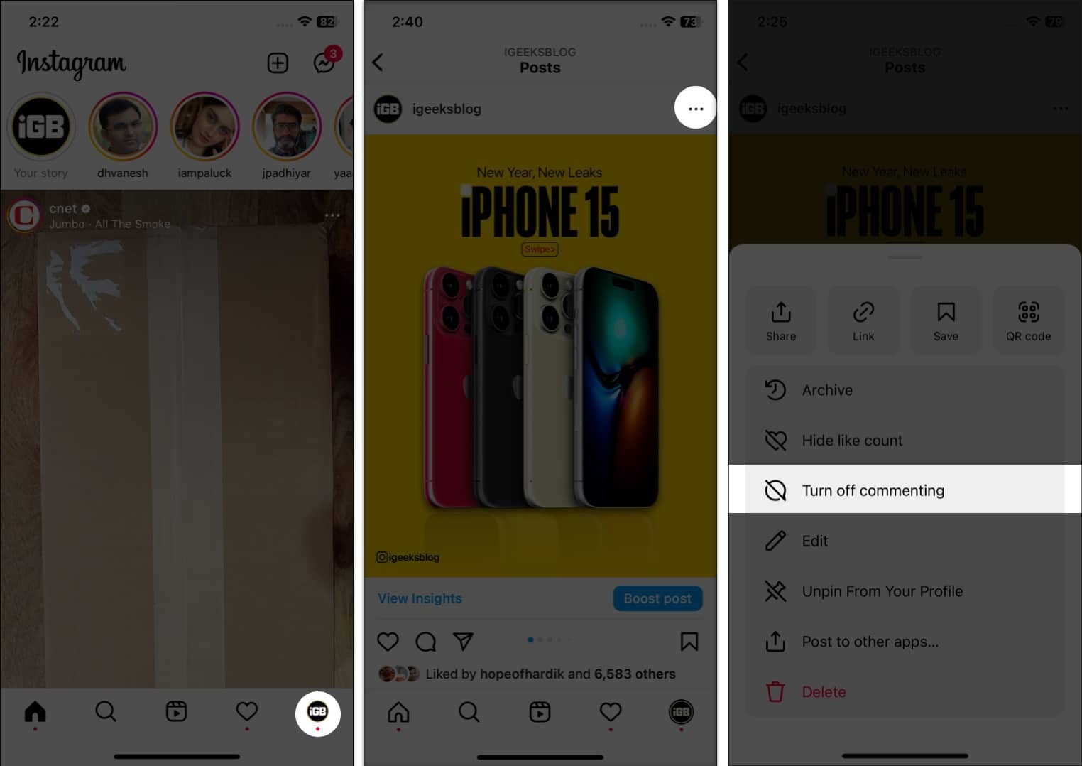 Disable comments on Instagram after posting to your feed