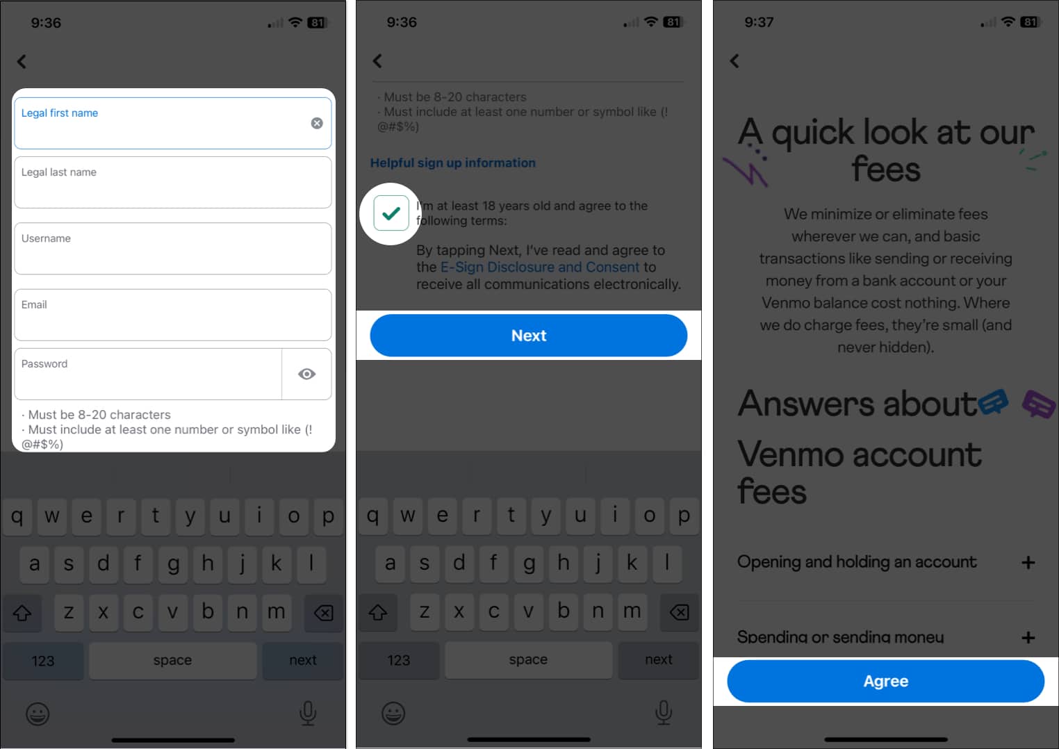 Enter Details and tap Agree in Venmo app