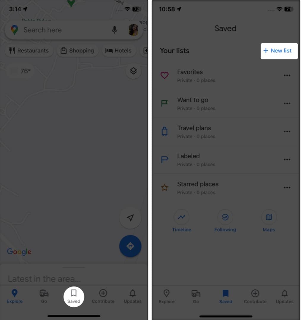 Go to Google Maps and Saved, tap New list (plus icon)