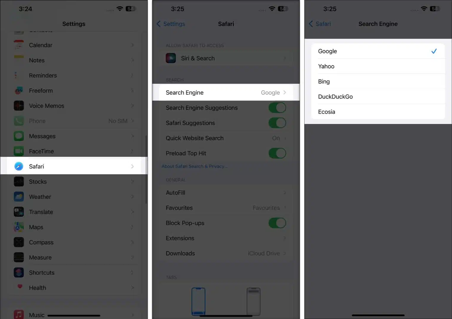 How to change the default search engine in Safari on iPhone iPad and Mac Go to Settings tap Safari Search Engine select any search engine