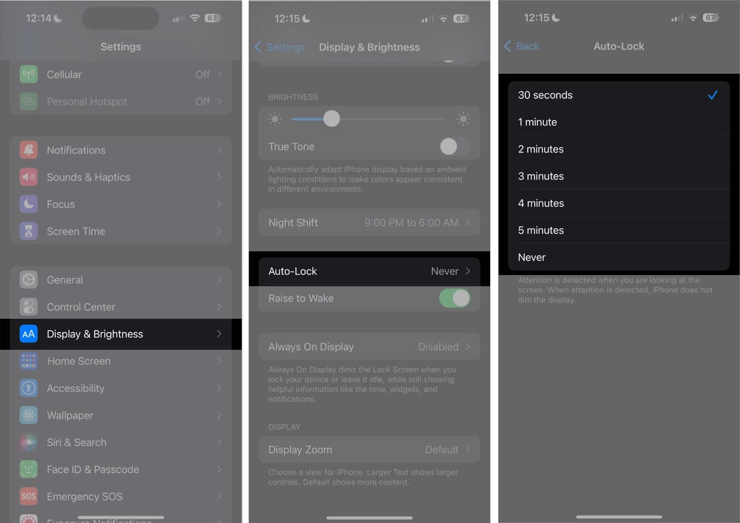 Go to settings Display and Brightness Auto Lock choose time interval