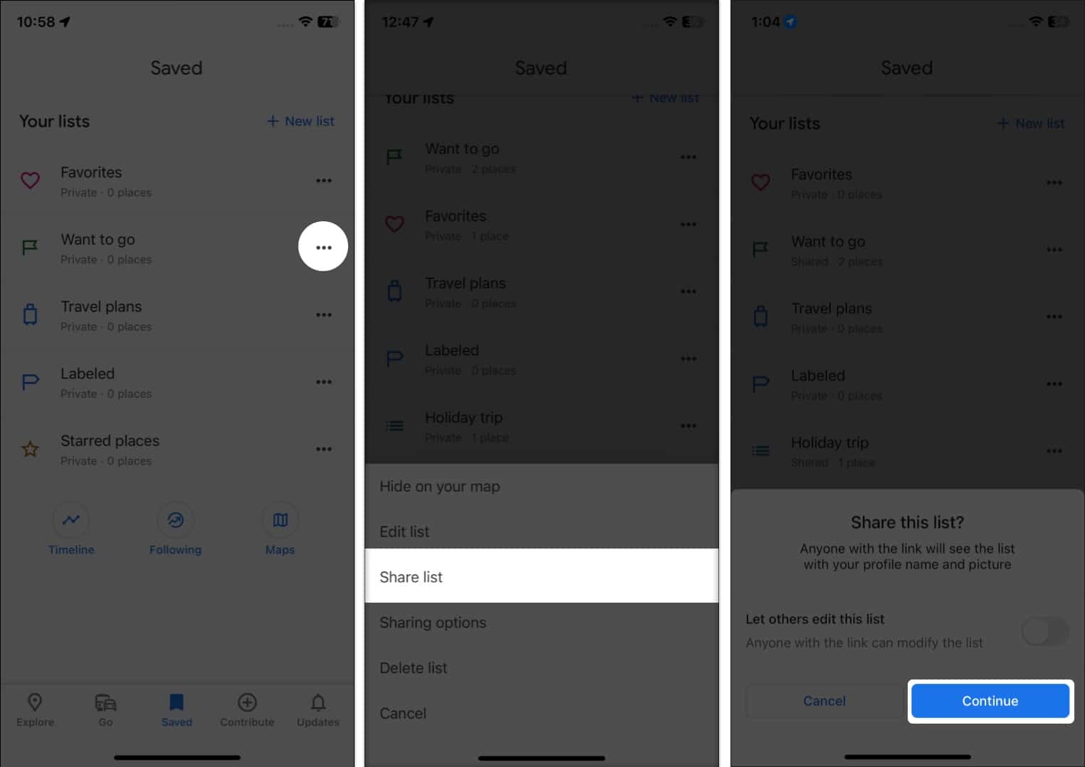 How to share Google Maps list on iPhone