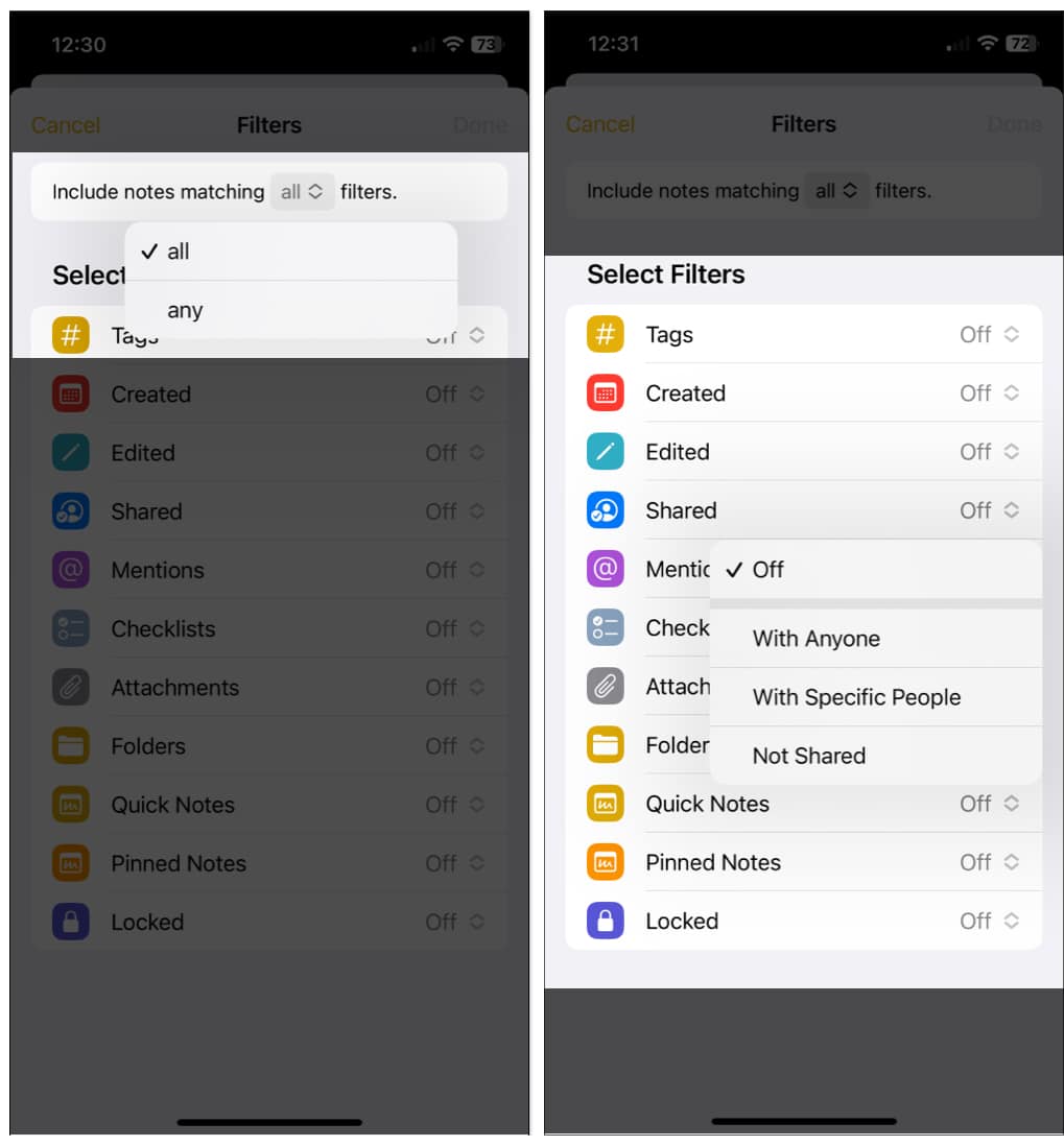 Pick All or Any depending in Notes Filters on iPhone