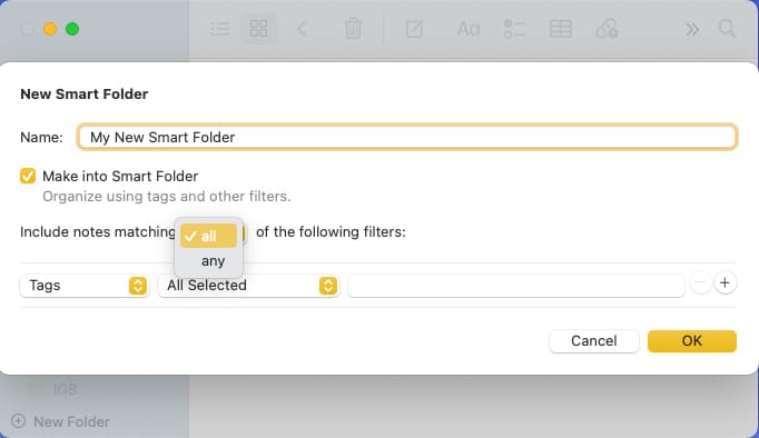 Vyberte All nebo Any v New Smart Folder na Macu