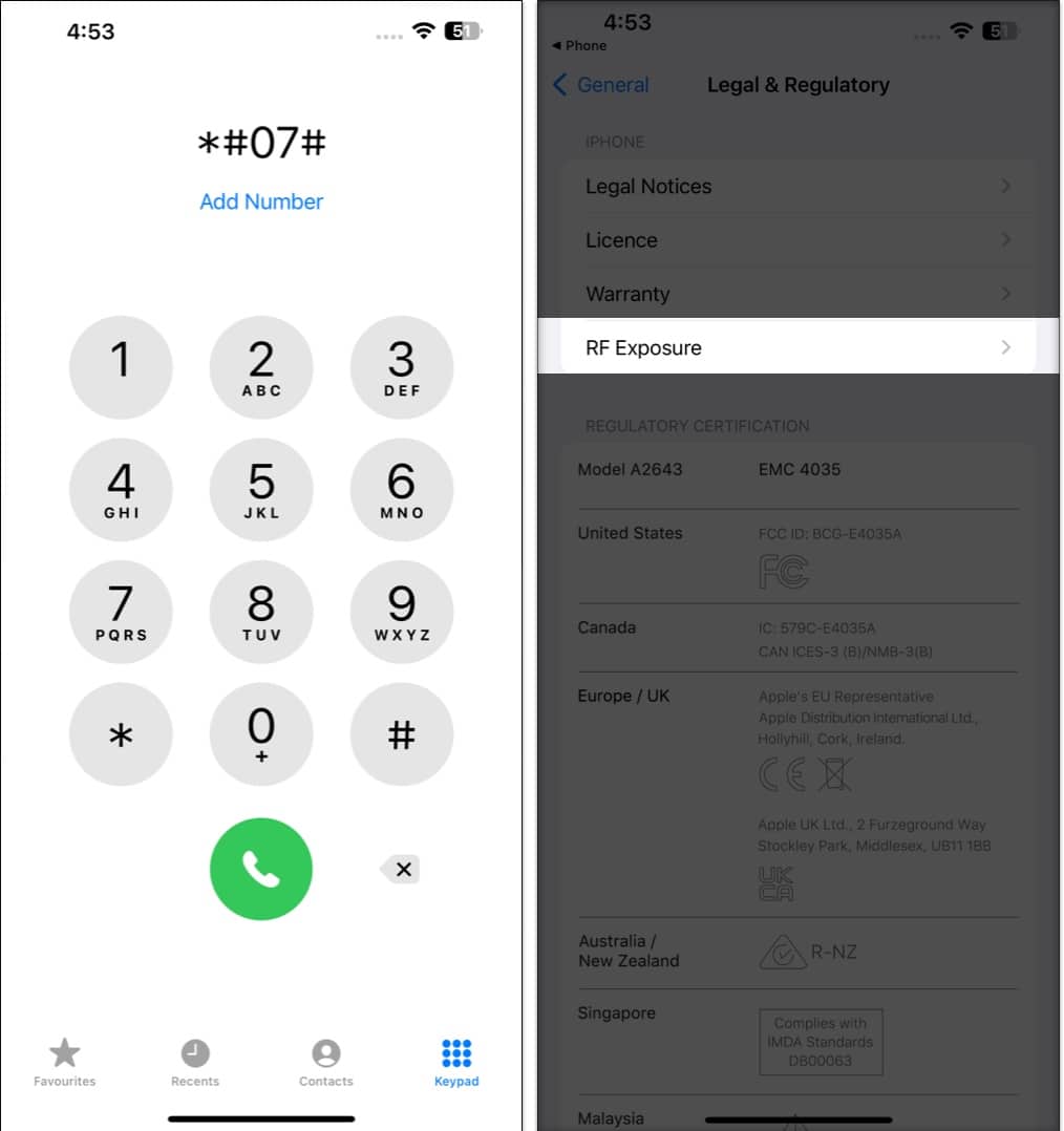 SAR value of iPhone using USSD code open Phone app enter number and tap dial button select rf Exposure