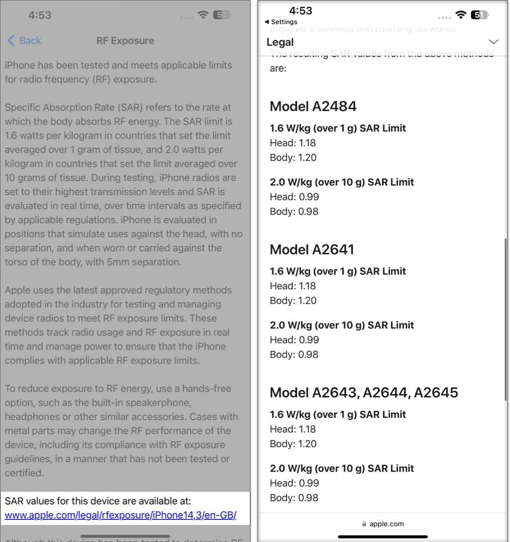 Scroll down and tap the link at the bottom of the page, on the new page, scroll down to see the SAR value of your iPhone