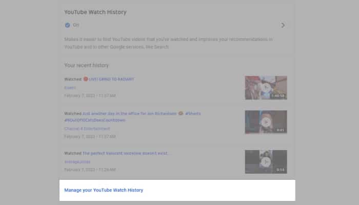 Görgessen a YouTube megtekintési előzmények részhez, és kattintson a YouTube megtekintési előzmények kezelése lehetőségre