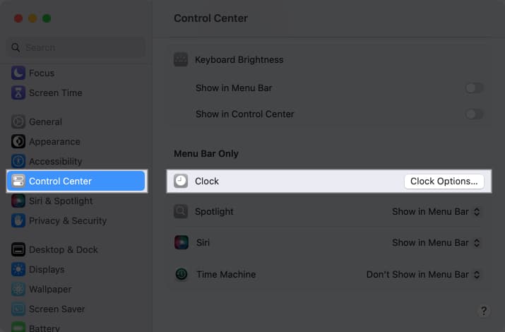 Select Control Center click Clock Options in macOS Ventura