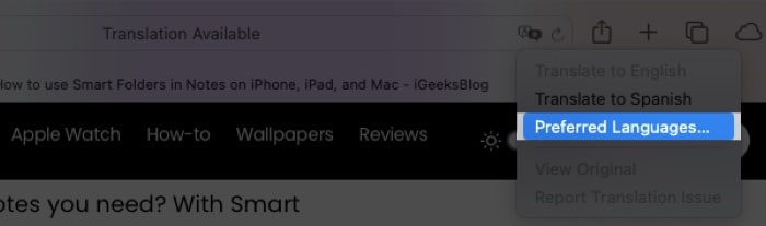Select the Translate icon and pick Preferred Languages