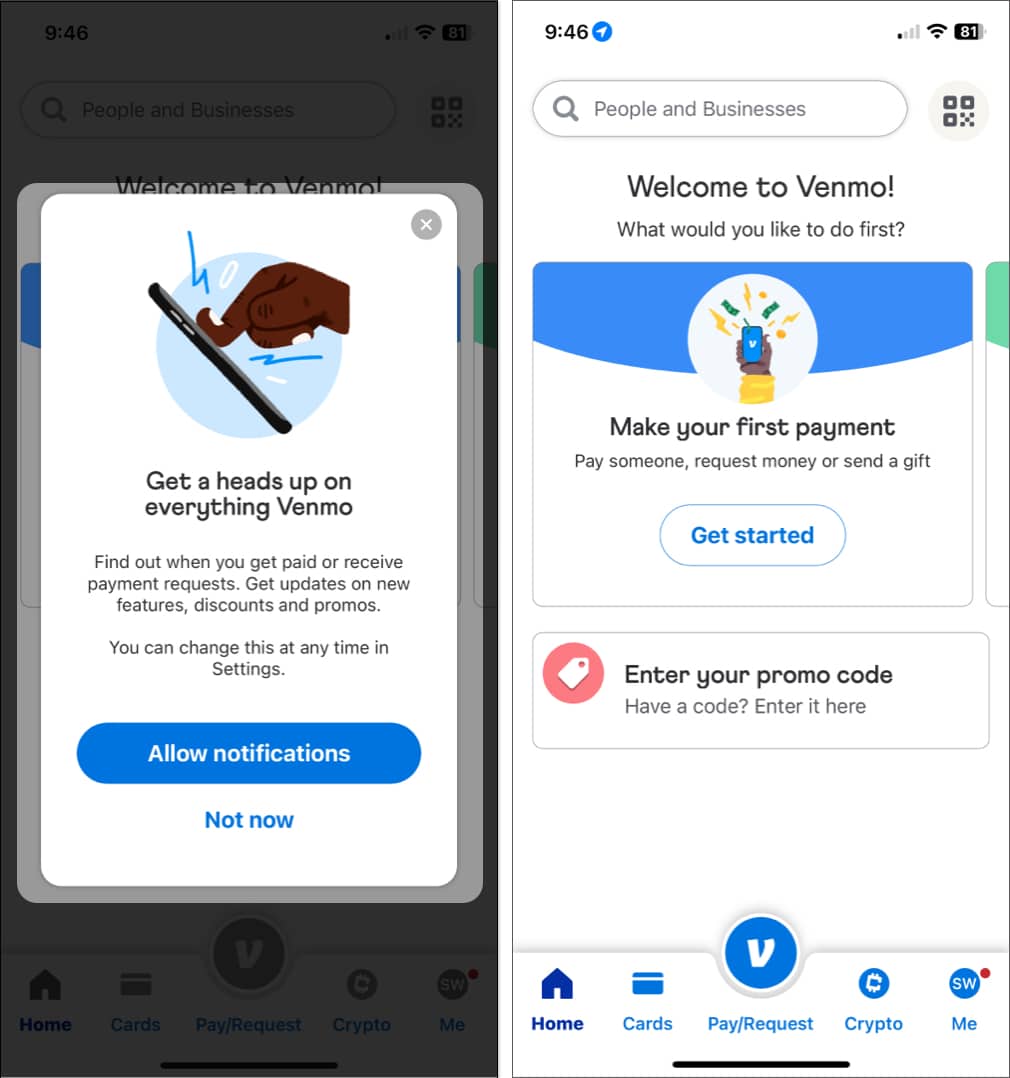 Ketik Benarkan pemberitahuan dan mula menggunakannya apl Venmo