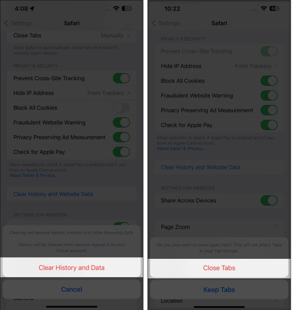 Tap Clear History and Data, select Close All Tabs