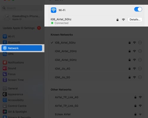 Tap network, select Wifi, toggle on Wifi
