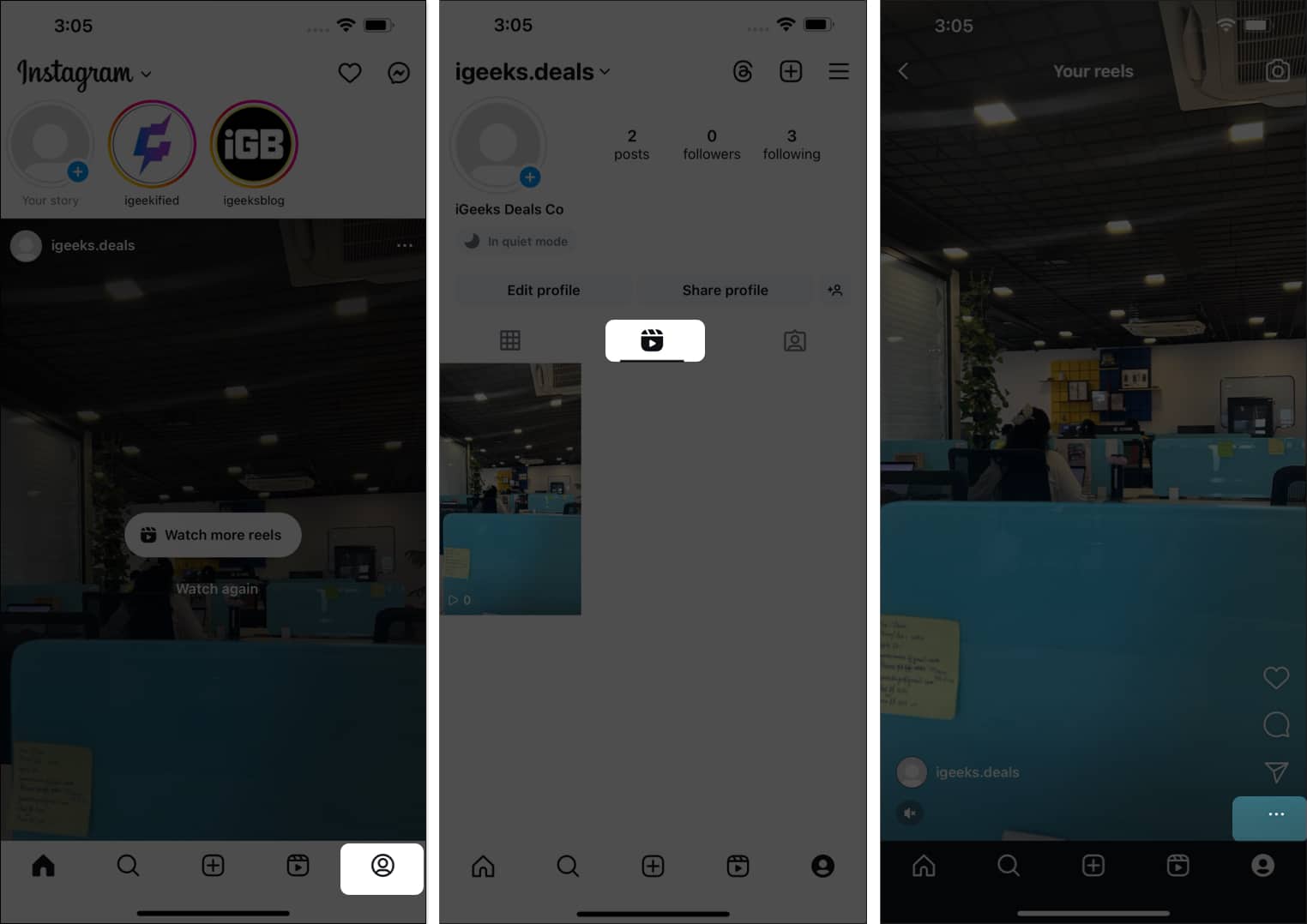 Tap on profile icon, select Reels icon, tap on three dots