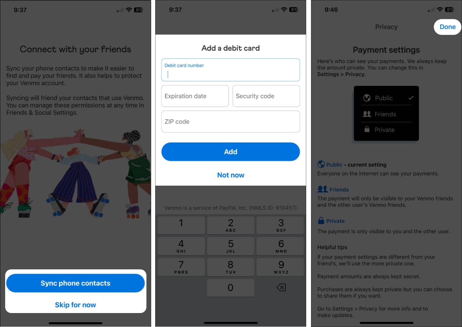 Ketik segerakkan kenalan telefon dan Selesai dalam apl Venmo