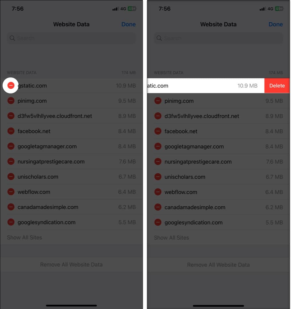 Tap the minus icon next to the site, select Delete