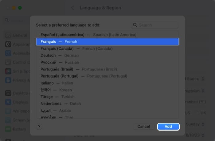 To add a language, tap on add in system settings