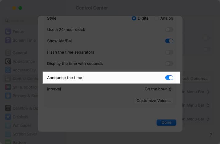 Zapněte přepínač pro Oznamovat čas v macOS Ventura