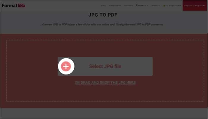 Látogassa meg a FormatPDF webhelyet, kattintson a pluszjelre, és válassza ki a JPG fájlt