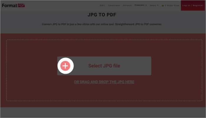 Επισκεφτείτε τον ιστότοπο FormatPDF, κάντε κλικ στο σύμβολο συν επιλέξτε αρχείο JPG