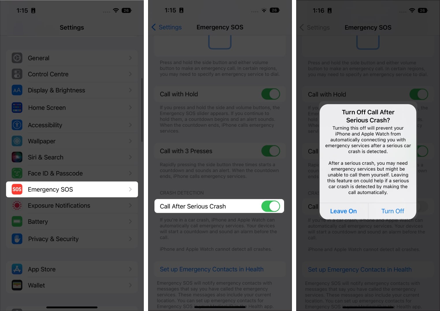 Steps to disable crash detection on an iPhone