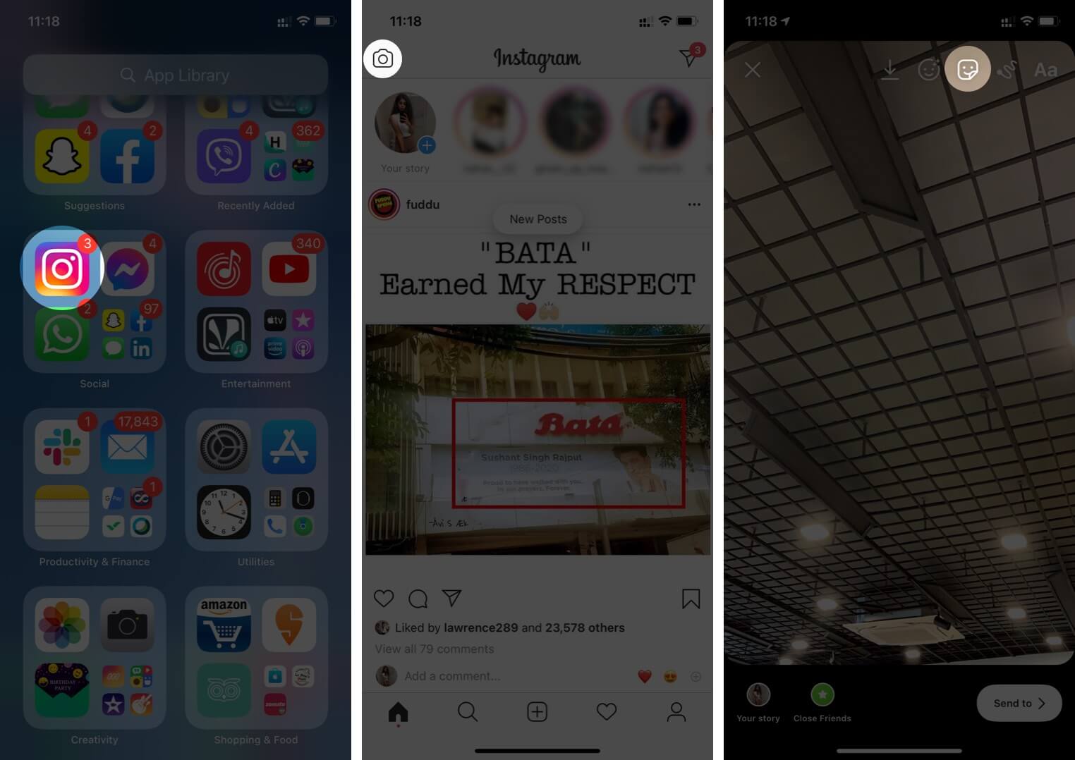 Open Instagram Tap on Camera Icon and then Tap on Sticker on iPhone
