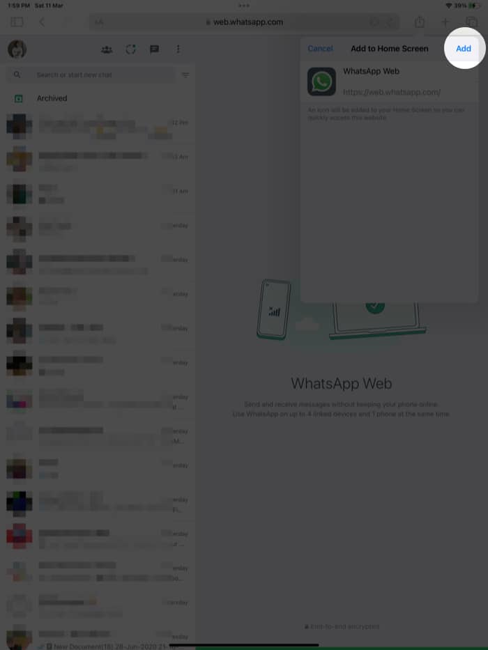 Добавить WhatsApp Web на главный экран iPad