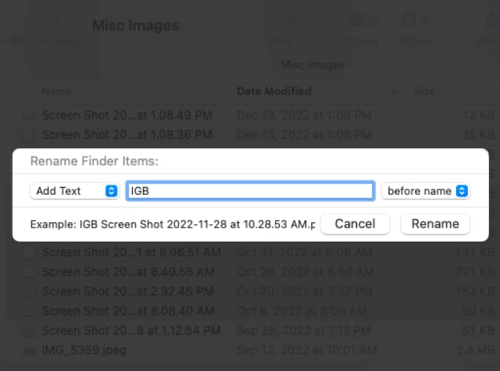 Tambahkan teks pada namakan semula kumpulan fail pada Mac