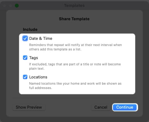 Check box next to Date and Time, Tags, Locations and Click Continue on Mac