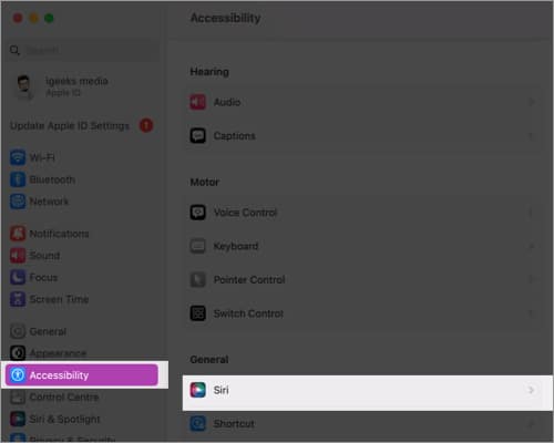Click Accessibility, scroll down and select Siri