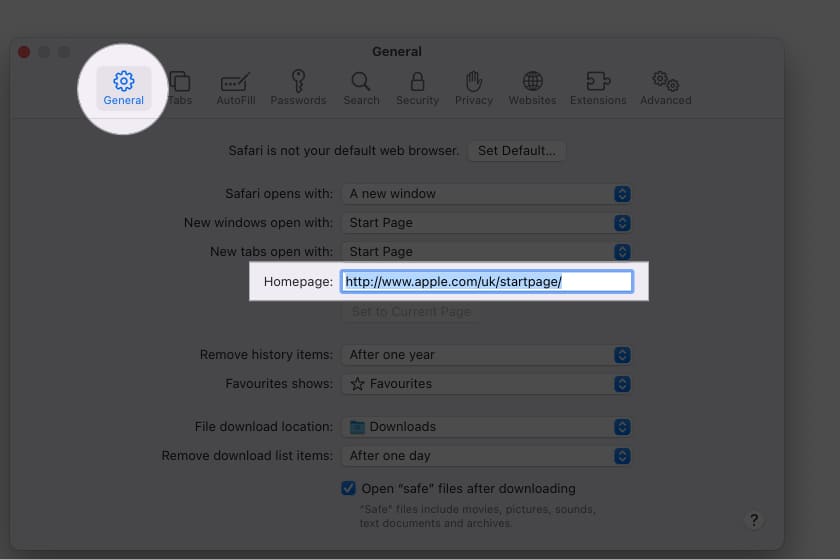 Click General, change Homepage field on Mac